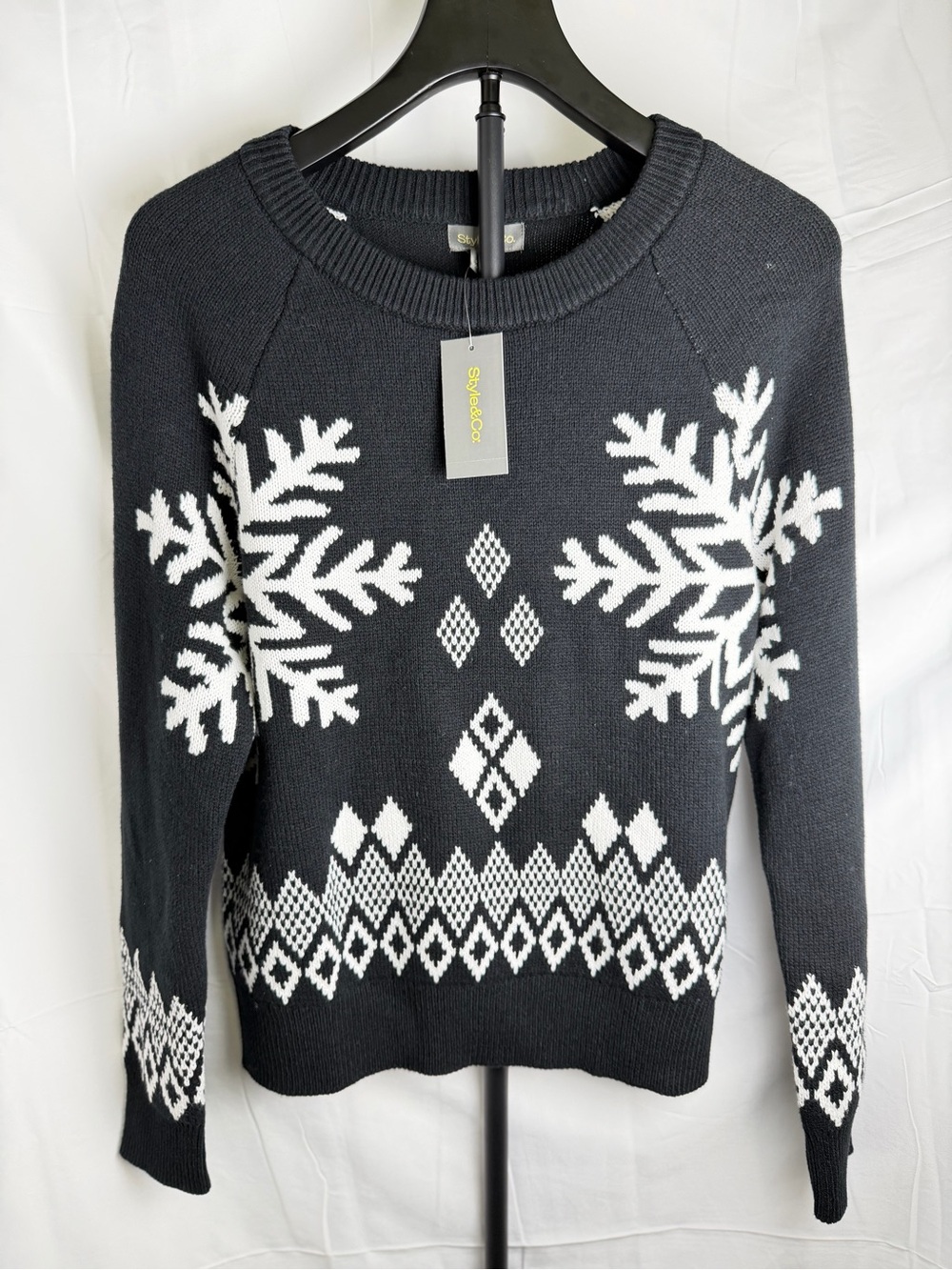 Style & Co. Black Crewneck Sweater with White Snowflake Knit